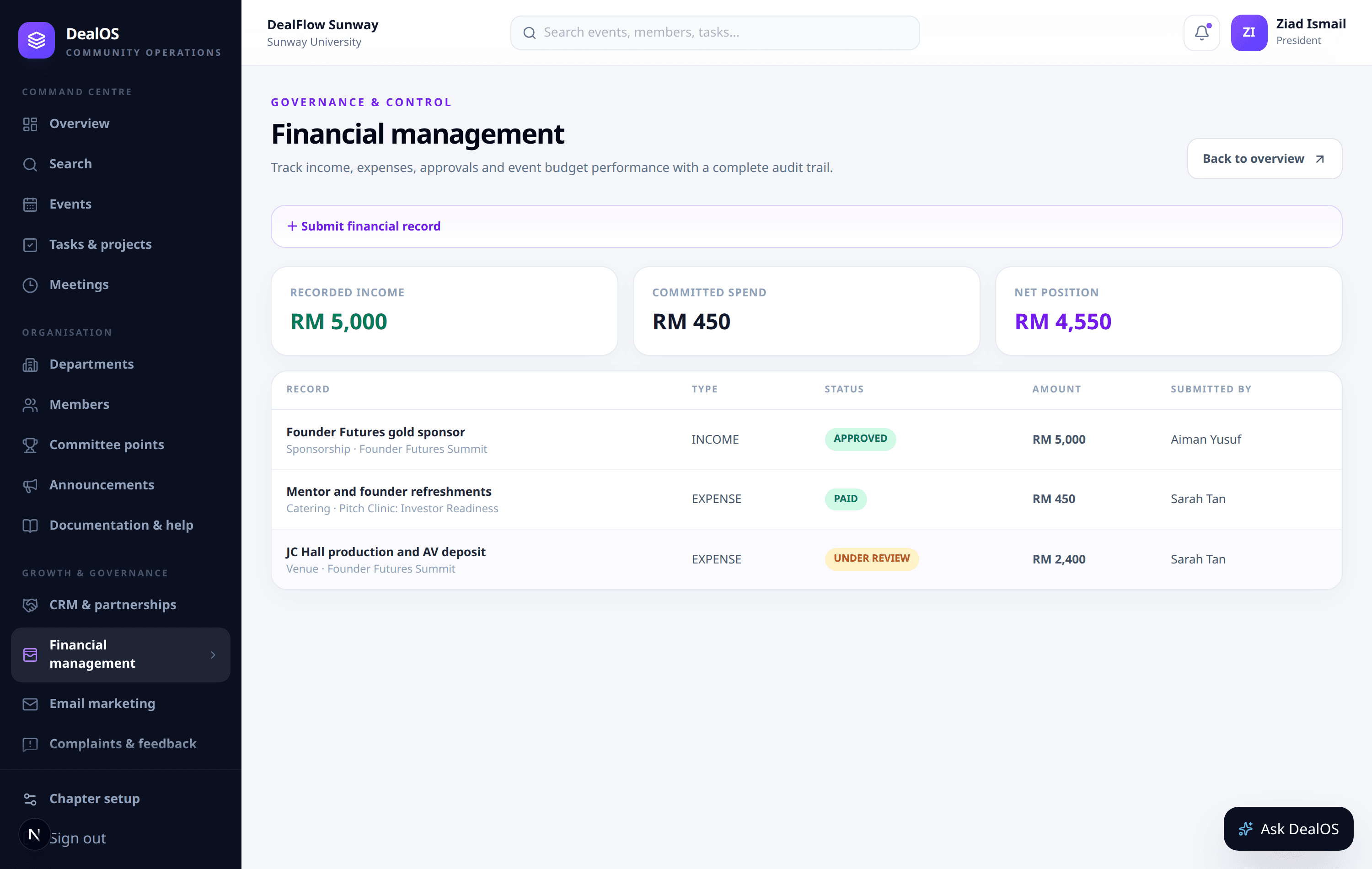 DealOS financial management